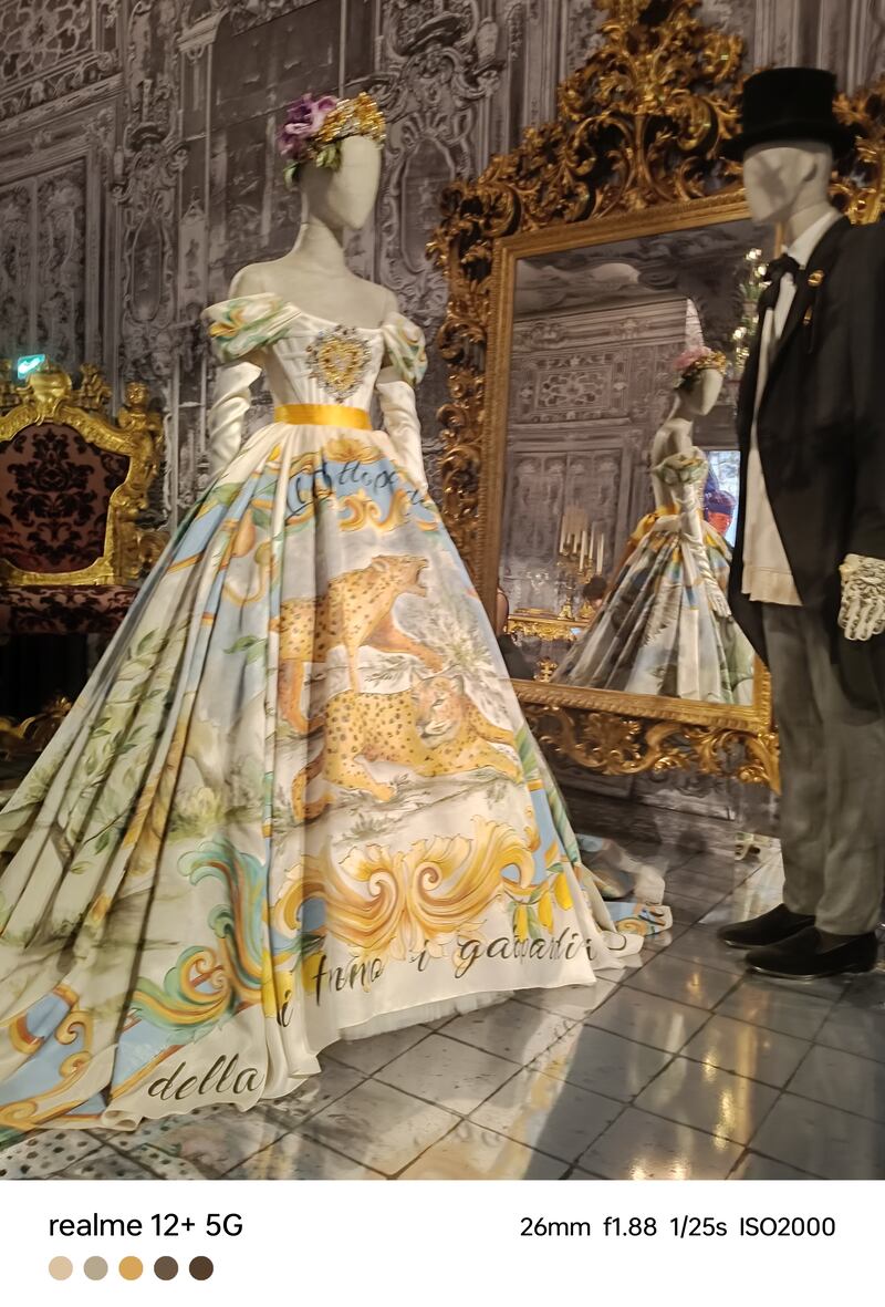 Homenaje a 'Il Gattopardo' de en la exposición de Dolce & Gabbana de Milán. El celular realme 12 +5G aparte de nitidez, capta la paleta predominante en cada uno de los retratos de las piezas de moda.