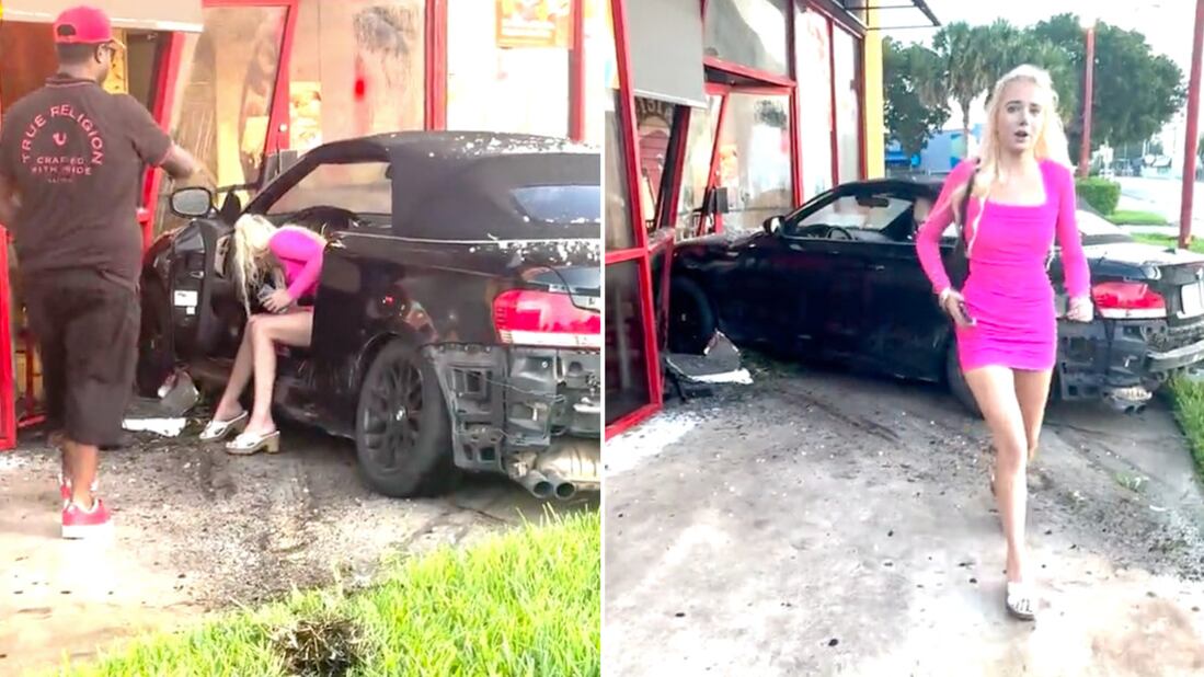VIDEO: mujer estrella vehículo contra la entrada de un restaurante y se da a la fuga